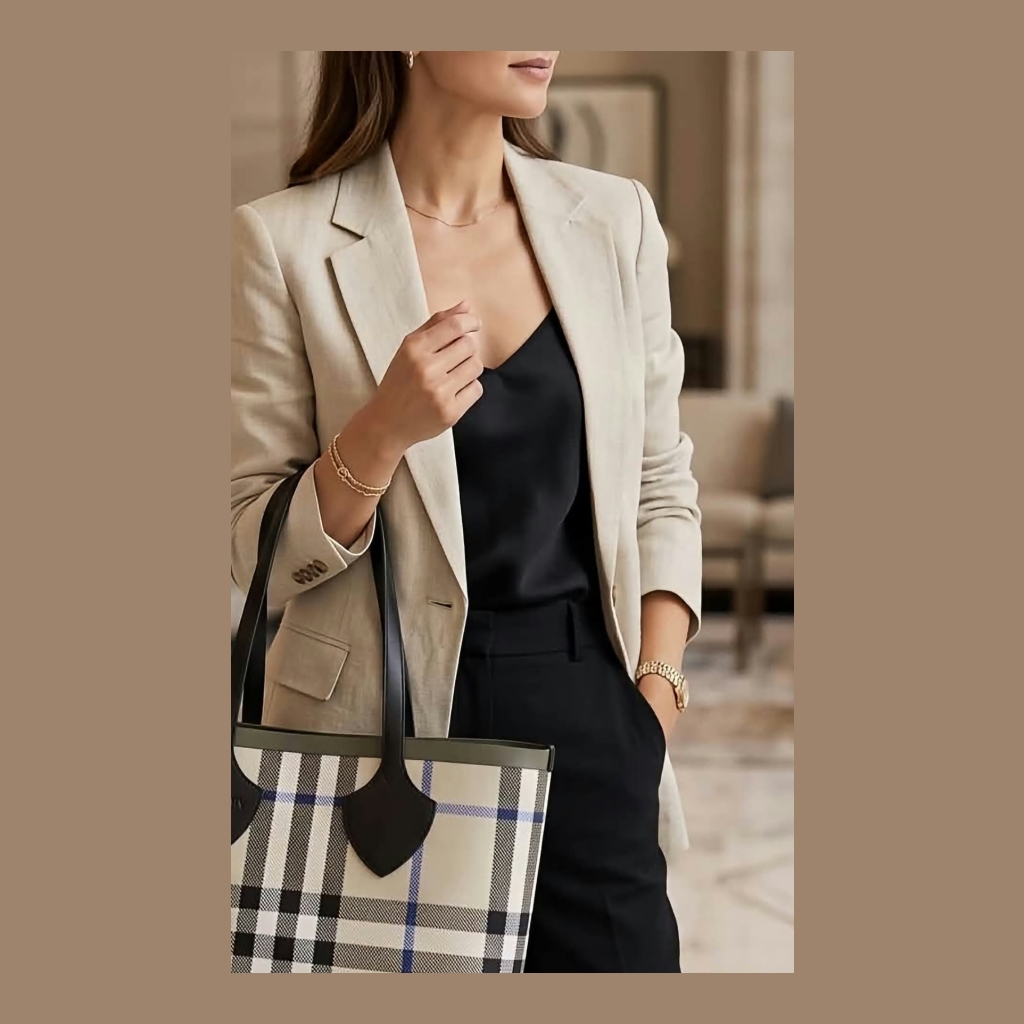 Burberry Plaid Tote Bag - Beige Plaid with Black and Blue Accents