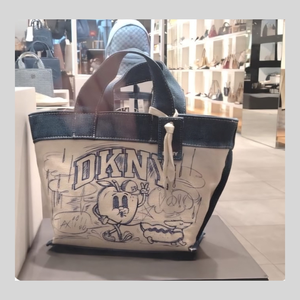 DKNY Cartoon Graphic Canvas Tote Bag with Denim Trim - Cream and Dark Blue
