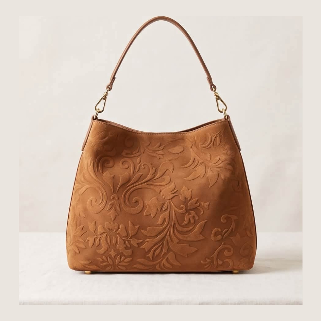 Designer Bag Embossed Floral Suede Hobo Bag - Camel Brown