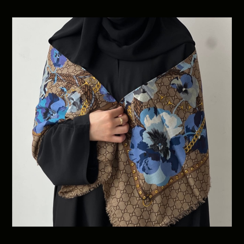 Gucci GG Monogram Floral Scarf - Brown with Blue Floral Print