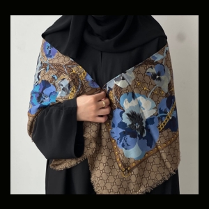 Gucci GG Monogram Floral Scarf - Brown with Blue Floral Print