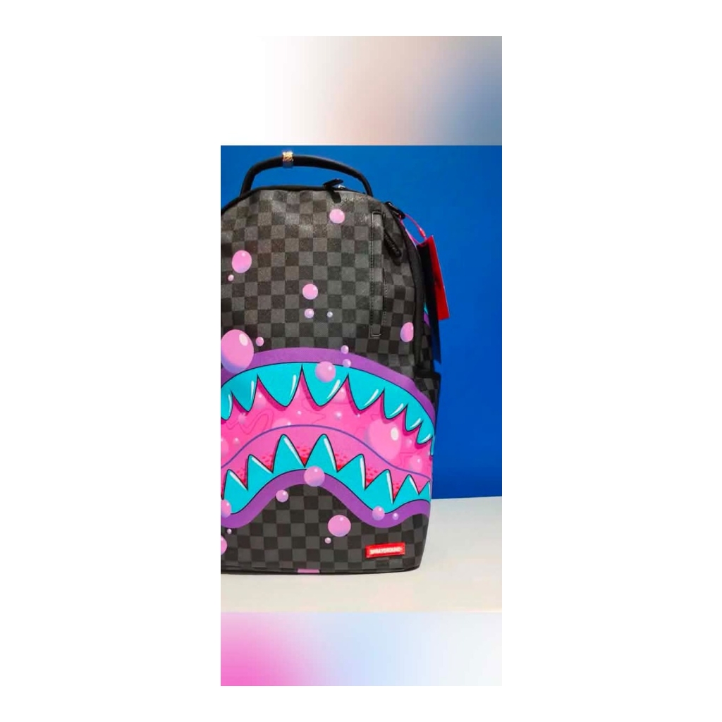 Sprayground Checkered Shark Mouth Backpack - Dark Gray/Black, Hot Pink, Light Blue, White