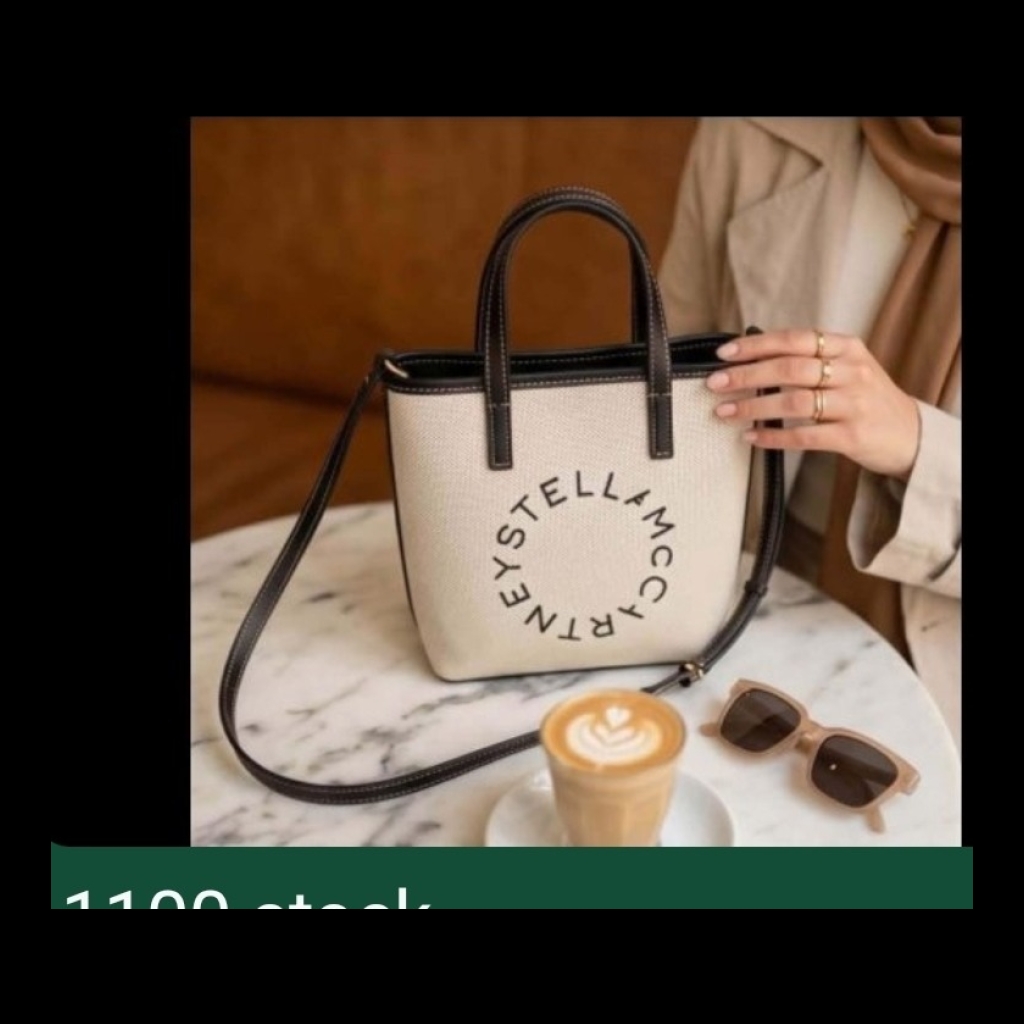 Stella McCartney Canvas Tote Bag with Logo - Cream with Dark Brown Trim