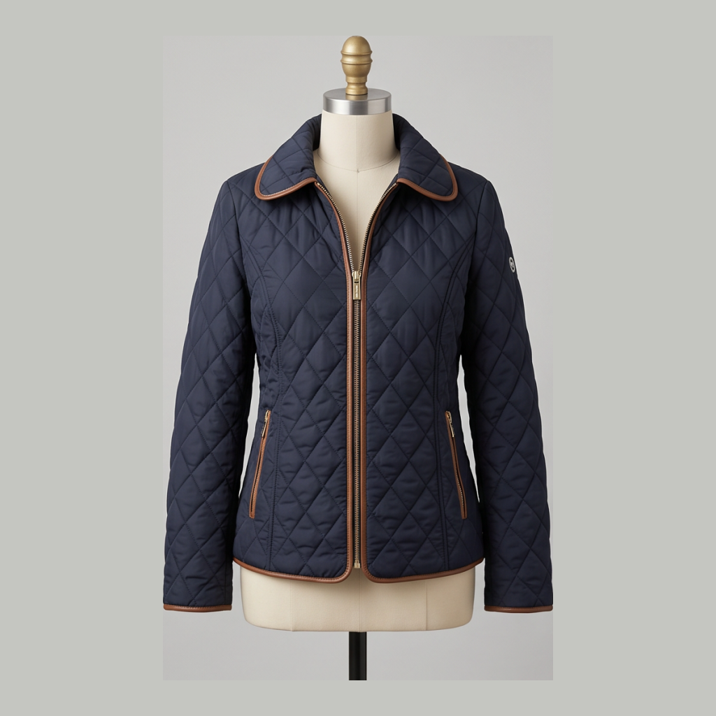 Michael Kors Quilted Jacket with Leather Trim - Navy Blue - Size xl