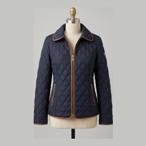 Michael Kors Quilted Jacket with Leather Trim - Navy Blue with Tan/Brown trim - Size small