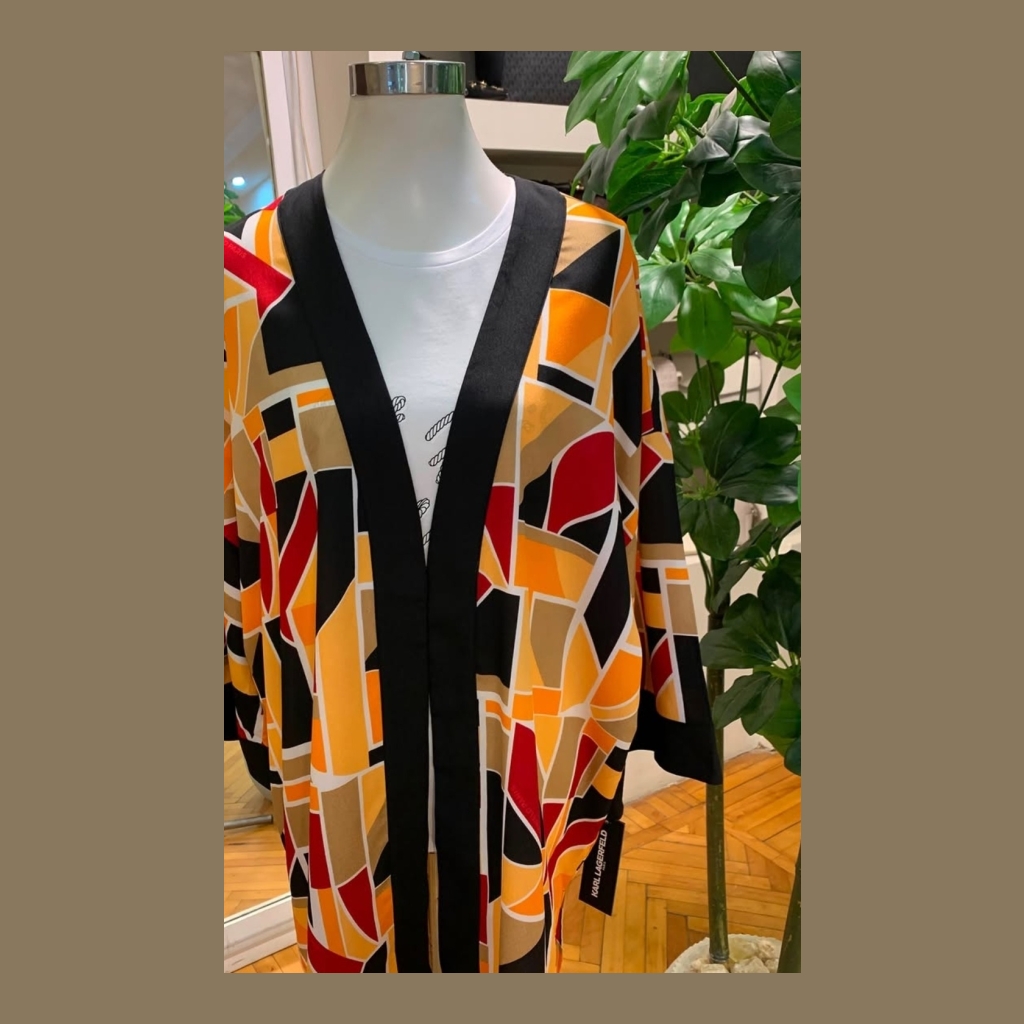 Karl Lagerfeld Geometric Print Open Cardigan - Multi-colored (Orange, Red, Black, Beige) - Size small