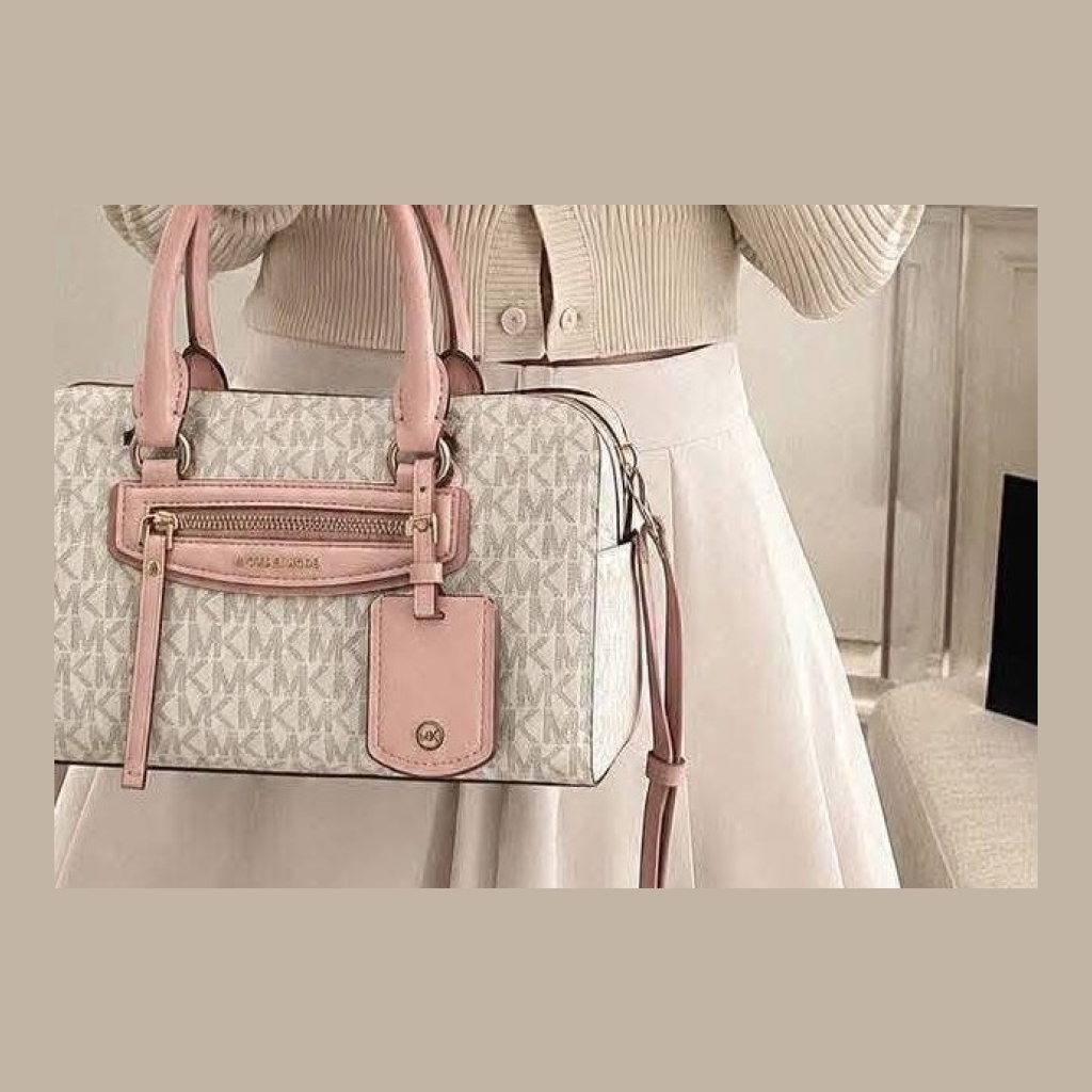 Michael Kors Jet Set Travel Extra Small Signature Logo Duffel Crossbody Bag - Beige and Light Pink