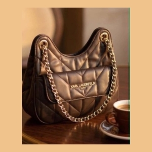 Karl Lagerfeld Quilted Shoulder Bag with Chain Strap - Dark Brown