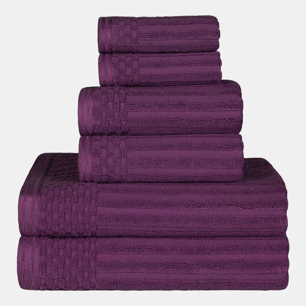 Soho Checkered Border Cotton 4 Piece Cotton Hand Towel Set, 28" x 16" - Plum