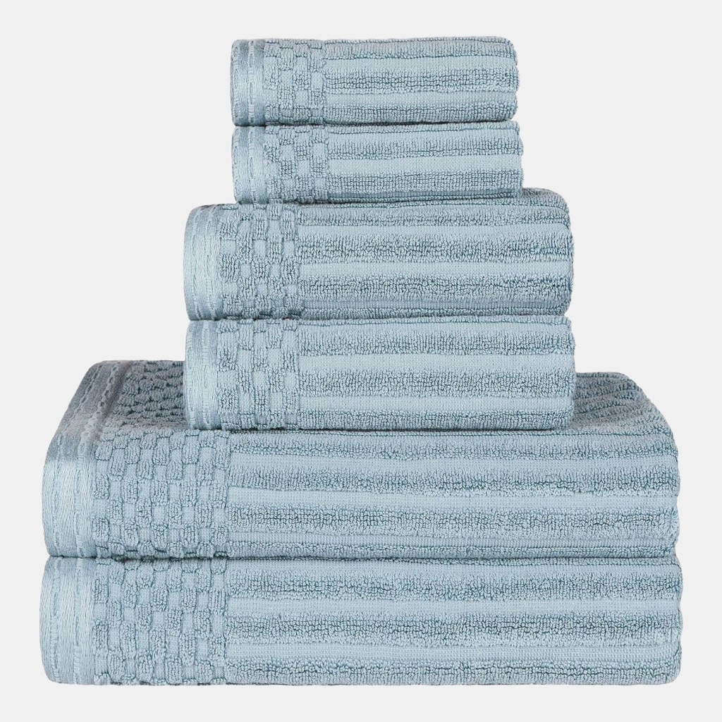 Soho Checkered Border Cotton 4 Piece Cotton Hand Towel Set, 28" x 16" - Slate Blue