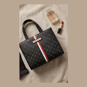 Tommy Hilfiger Monogram Tote Bag - Brown Monogram with Red, White, Blue Stripe