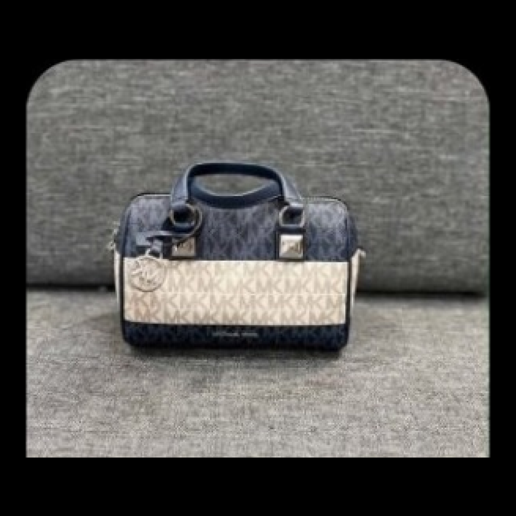 Michael Kors Small Barrel Satchel Bag - Navy Blue and Beige