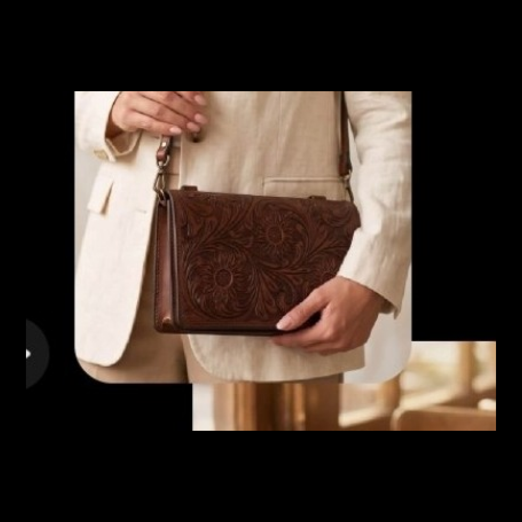 Floral Embossed Leather Crossbody Bag - Dark Brown
