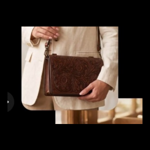 Floral Embossed Leather Crossbody Bag - Dark Brown