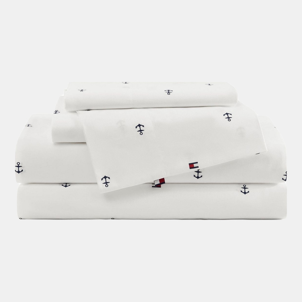 Tommy Hilfiger Printed 200-Thread Count Cotton Percale 3-Pc. Sheet Set, Twin - Anchor, Flag Dark Blue