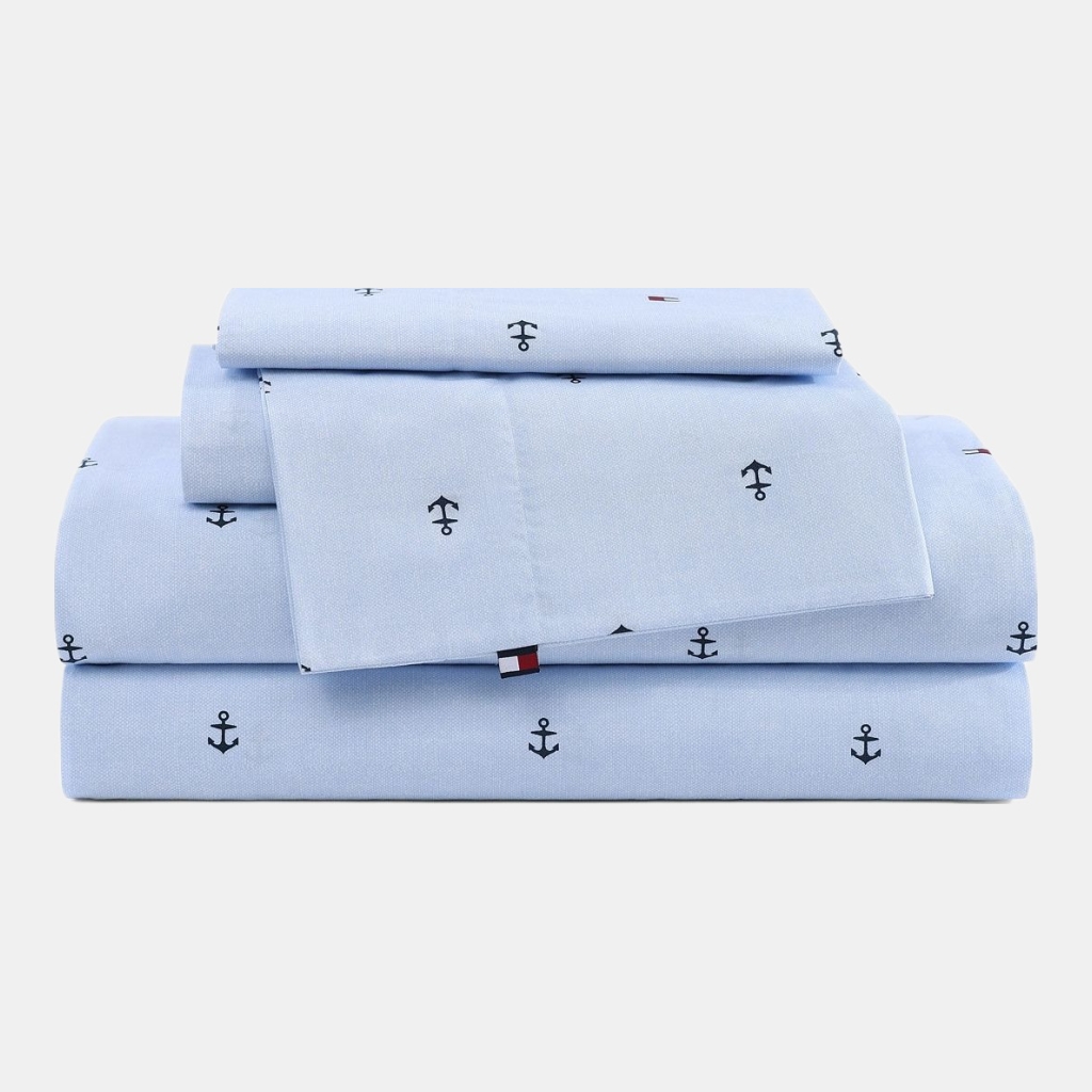 Tommy Hilfiger Printed 200-Thread Count Cotton Percale 3-Pc. Sheet Set, Twin - Anchor, Flag Pale Blue