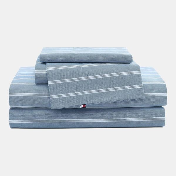 Tommy Hilfiger Printed 200-Thread Count Cotton Percale 3-Pc. Sheet Set, Twin - Effortless Stripe Blue