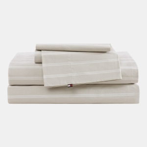 Tommy Hilfiger Printed 200-Thread Count Cotton Percale 3-Pc. Sheet Set, Twin - Effortless Stripe Beige