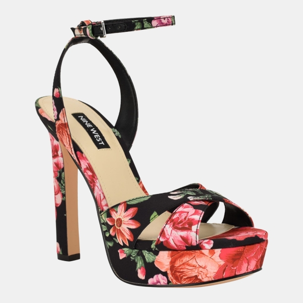 Women's Wilda Criss-Cross High Stiletto Platform Sandals - Black Garden Floral