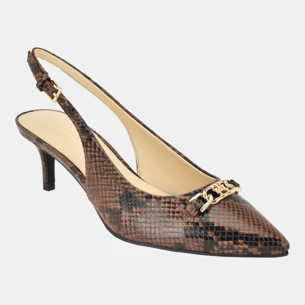Tommy Hilfiger Women's Tienna Slingback Pointed Toe Pumps - Medium Brown Snake
