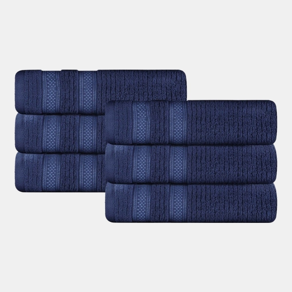 Brea Zero Twist Cotton Ribbed Geometric Border Plush Soft Absorbent 6-Piece Towel Set - Navy Blue