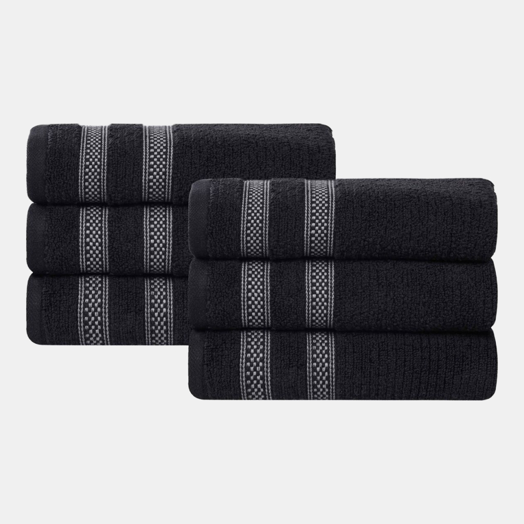 Brea Zero Twist Cotton Ribbed Geometric Border Plush Soft Absorbent 6-Piece Towel Set - Black