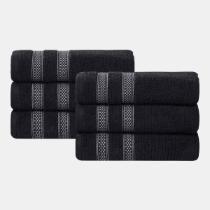 Brea Zero Twist Cotton Ribbed Geometric Border Plush Soft Absorbent 6-Piece Towel Set - Black