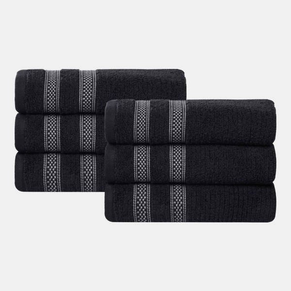 Brea Zero Twist Cotton Ribbed Geometric Border Plush Soft Absorbent 6-Piece Towel Set - Black
