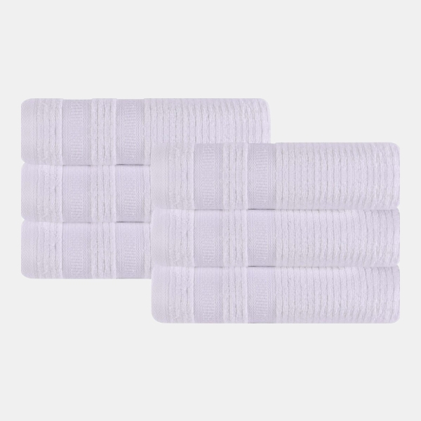 Brea Zero Twist Cotton Ribbed Geometric Border Plush Soft Absorbent 6-Piece Towel Set - White