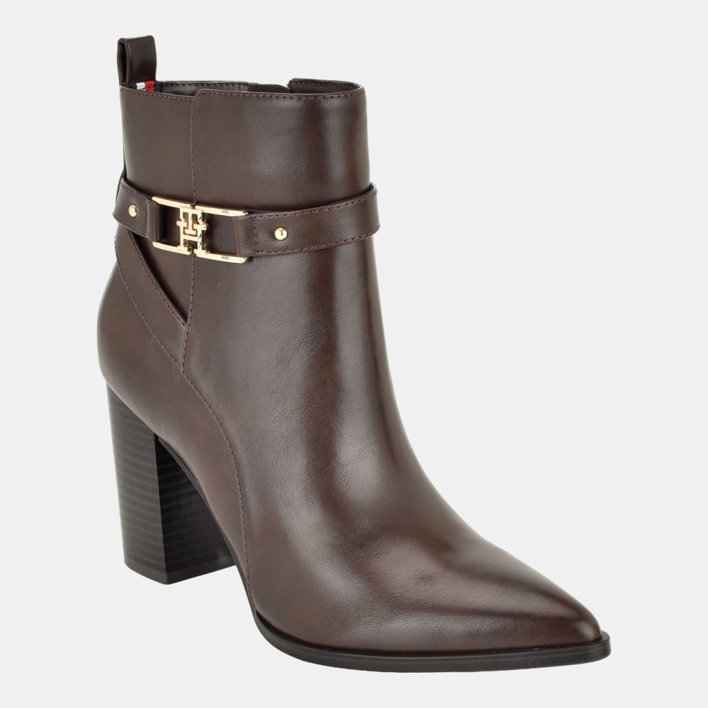 Tommy Hilfiger Women's Midna Pointed Toe Block Heel Buckle Dress Booties - Dark Brown