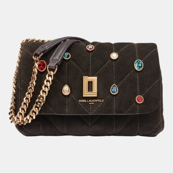 KARL LAGERFELD PARIS LAFAYETTE SMALL SUEDE CROSSBODY WITH GEMS - Fudge