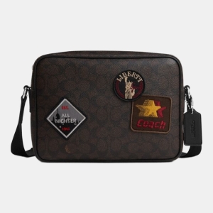 Coach Colton Crossbody Bag 25 In Signature Canvas With Patches - Sv/Walnut/Black