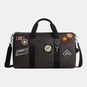 Coach Explorer Duffle Bag 45 In Signature Canvas With Patches - Sv/Walnut/Black