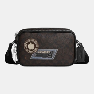 Coach Colton Crossbody Bag 19 In Signature Canvas With Patches - Sv/Walnut/Black