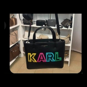 Karl Lagerfeld K/Karl Letters Tote Bag - Black with Multi-color Letters and Strap