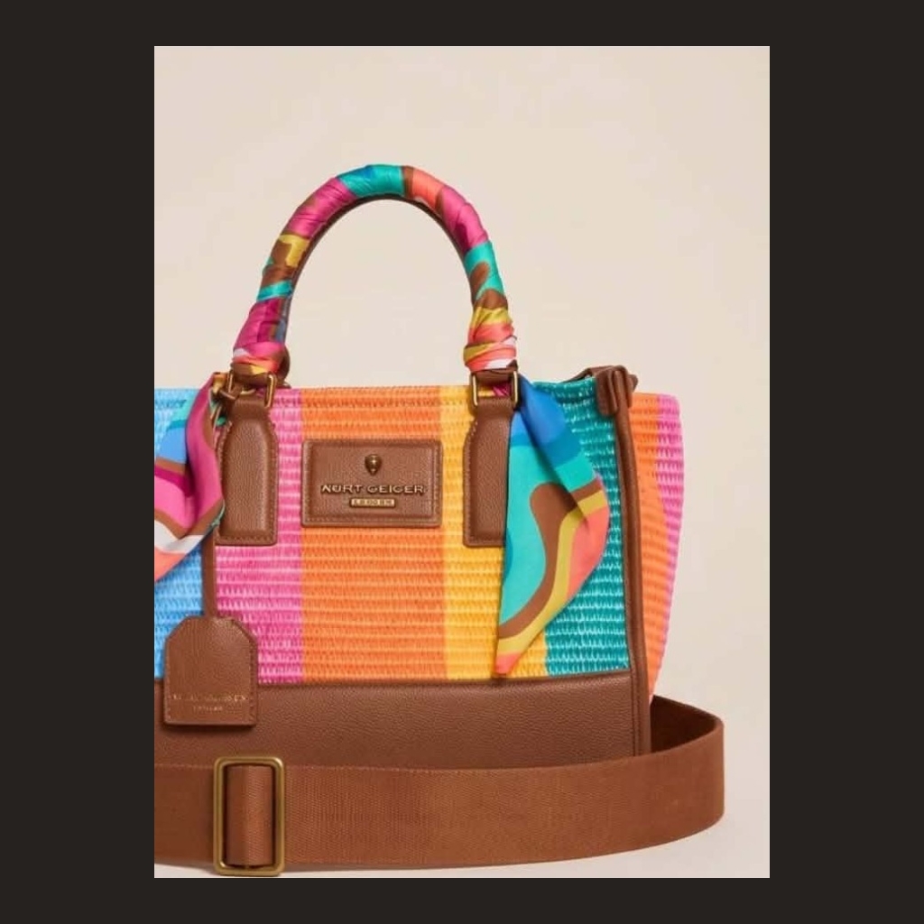 Kurt Geiger Multi-color Woven Tote Bag with Scarf Handle - Multi-color (Pink, Orange, Yellow, Blue, Green) with Brown accents