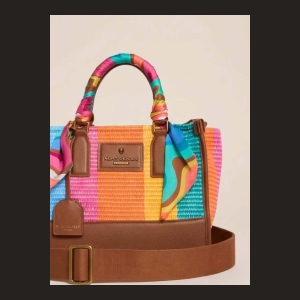 Kurt Geiger Multi-color Woven Tote Bag with Scarf Handle - Multi-color (Pink, Orange, Yellow, Blue, Green) with Brown accents