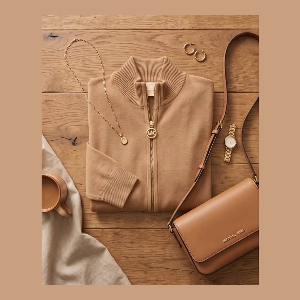 Michael Kors Full-Zip High-Neck Sweater - Camel - Size Large