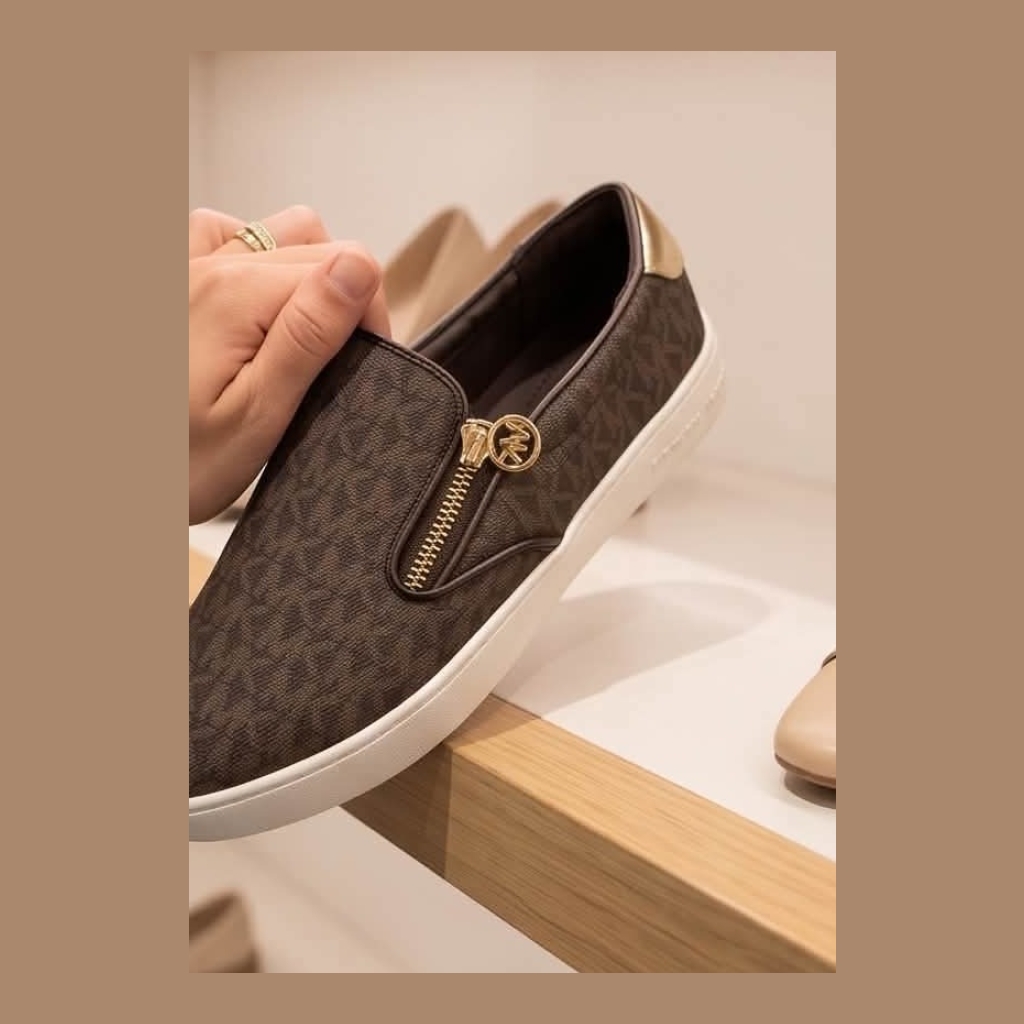Michael Kors Monogram Slip-On Shoe with Zipper - Dark Brown Monogram - Size 7.5 US