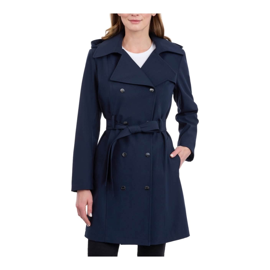 Unbranded Double-Breasted Trench Coat with Belt and Hood - Navy Blue - Size medium