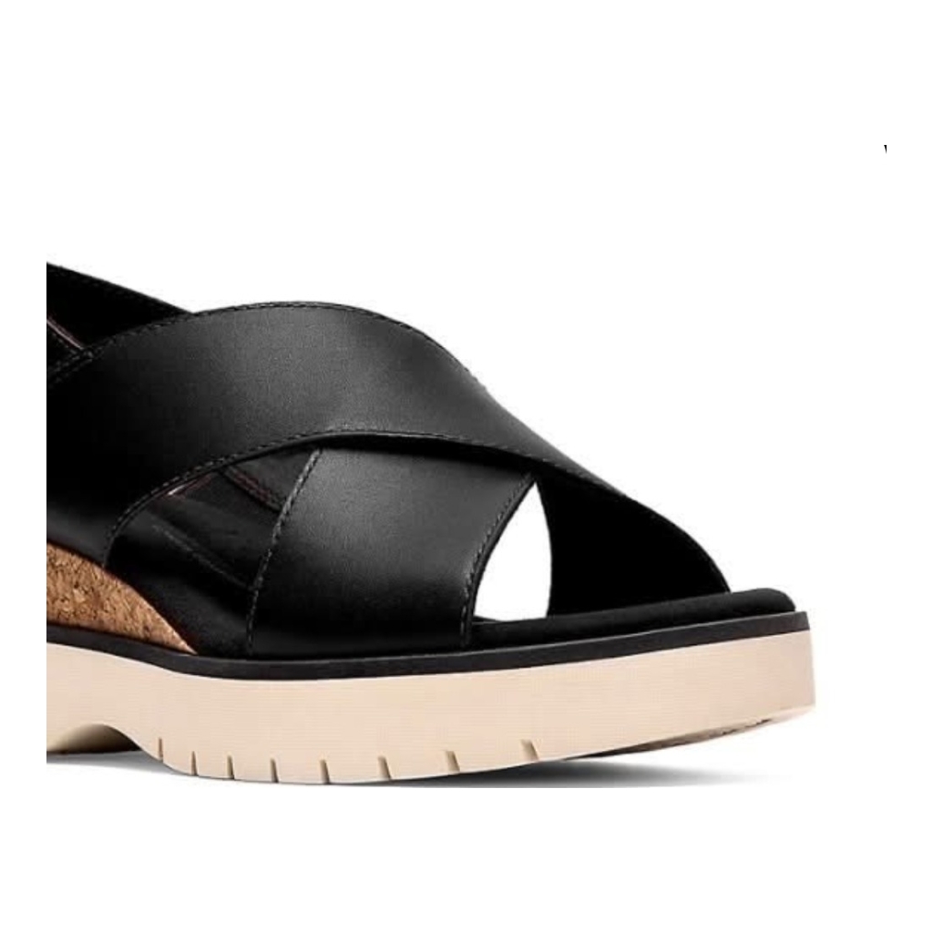 Clarks Criss-Cross Strap Wedge Sandals with Cork Detail - Black - Size 38