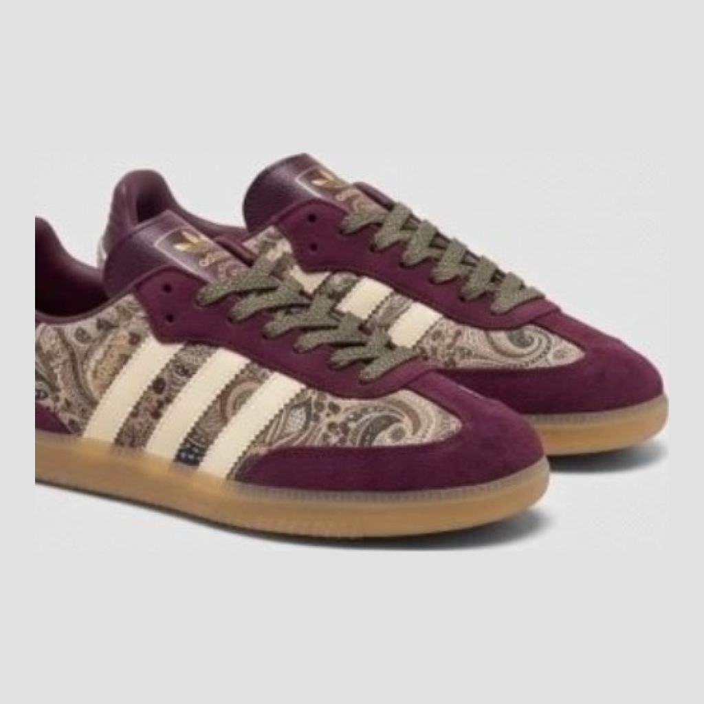 Adidas Samba Sneakers - Burgundy with Beige Stripes and Paisley Pattern - Size 6.5 US