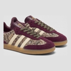Adidas Samba Sneakers - Burgundy with Beige Stripes and Paisley Pattern - Size 6.5 US