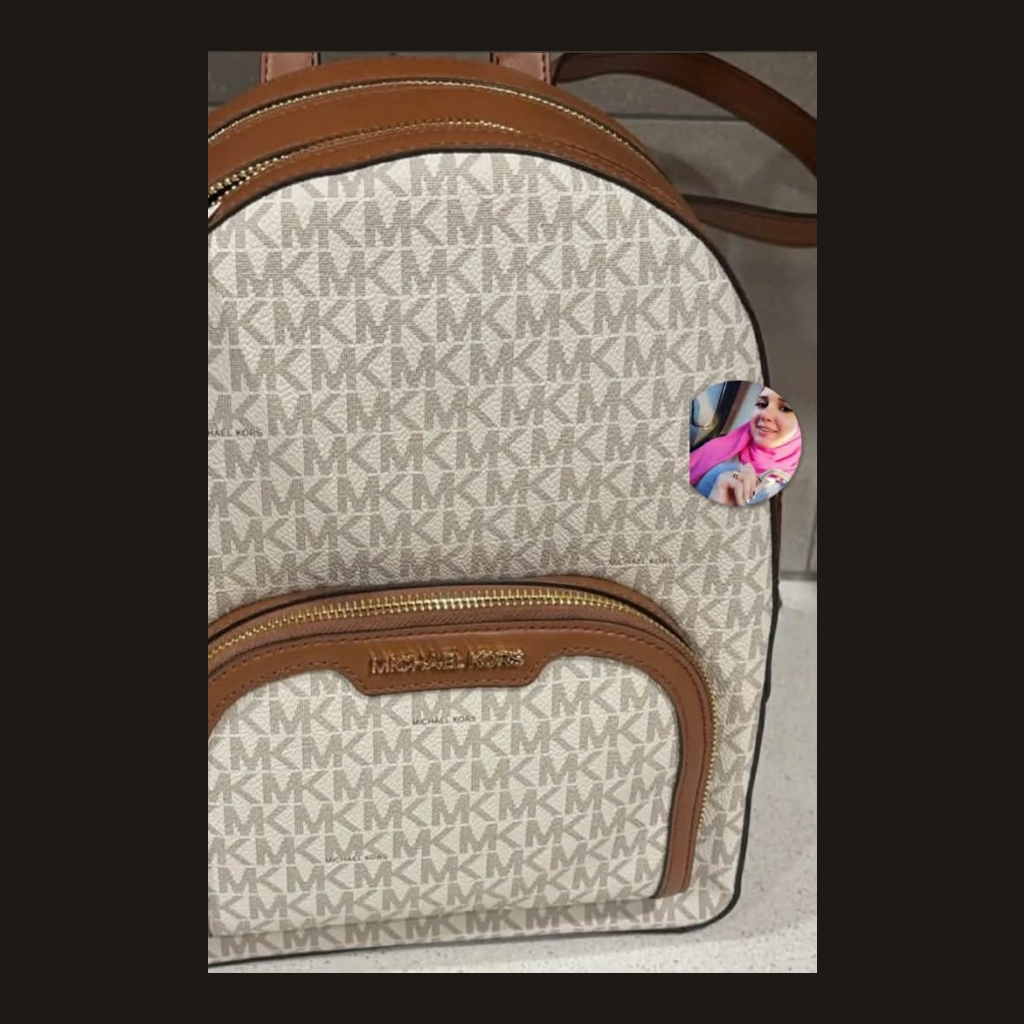 Michael Kors Monogram Backpack - Beige with Brown Trim