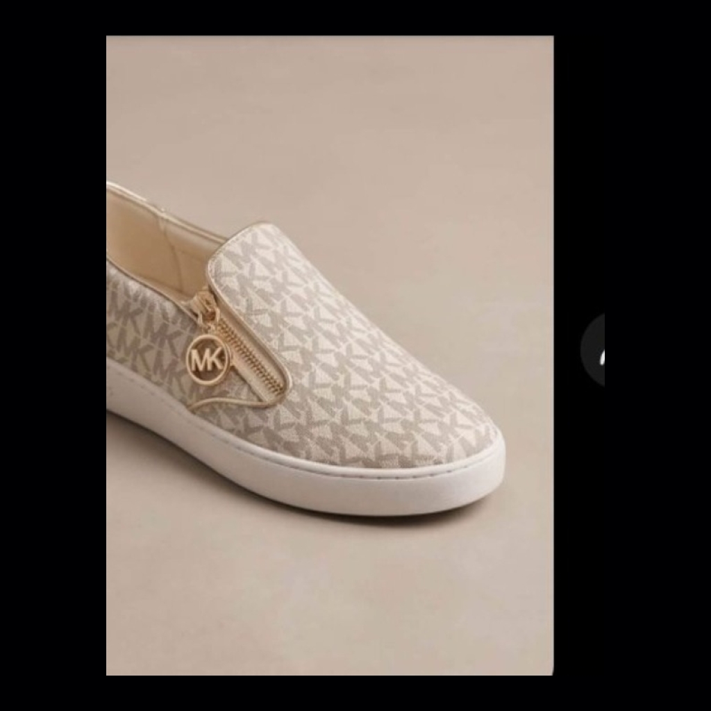 Michael Kors MK Monogram Slip-On Sneakers - Beige/Cream with Gold accents - Size 10 US
