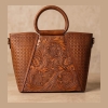 genuine leather - Tooled Leather Handbag with Ring Handle - Cognac Brown
