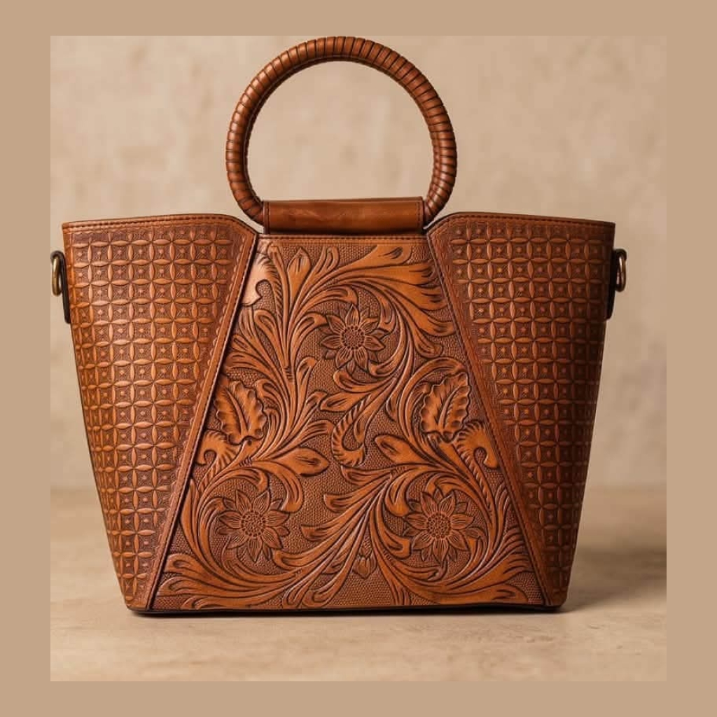 genuine leather - Tooled Leather Handbag with Ring Handle - Cognac Brown