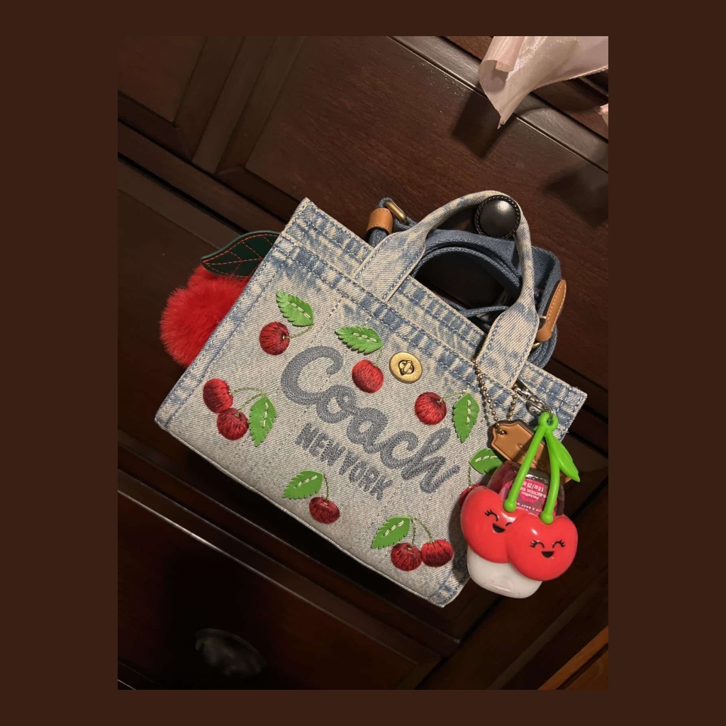 Coach Denim Cherry Print Mini Tote Bag - Light Blue Denim/Red