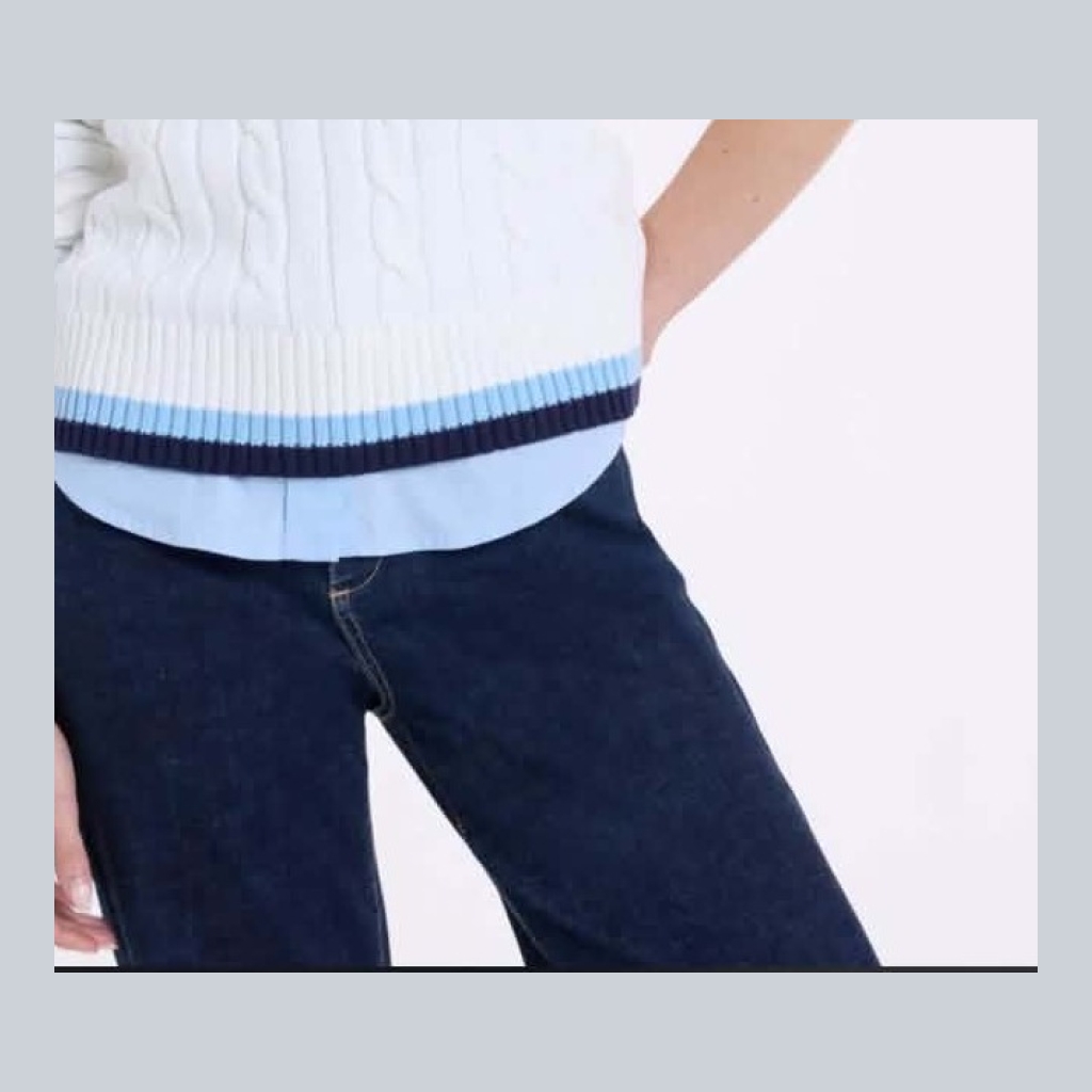 U.S. Polo Assn. Cable Knit V-Neck Sweater with Striped Trim - White with Navy and Light Blue Trim - Size medium