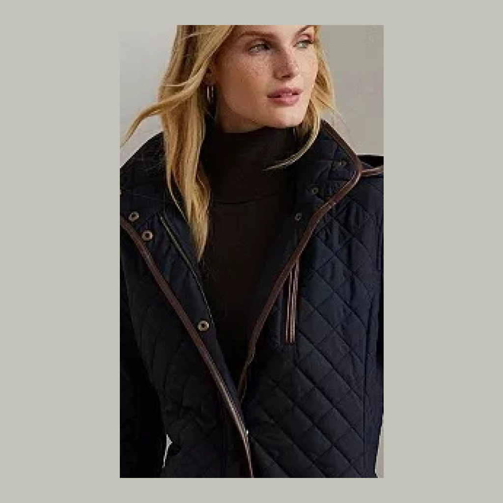 Lauren Ralph Lauren Quilted Hooded Jacket - Navy Blue with Brown Trim - Size XXL